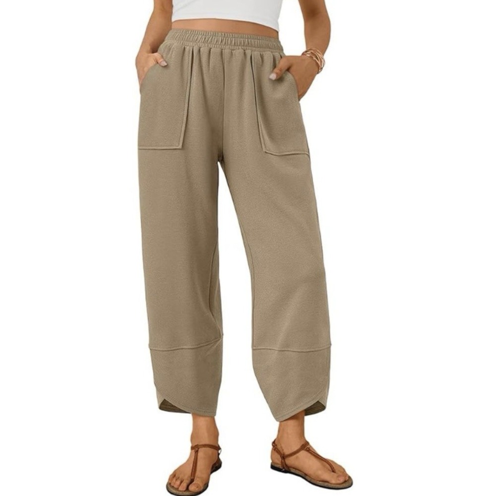 Womens High-Rise Barrel Leg Lounge Pull On Pants Large Tan Lagenlook Travel NWT
